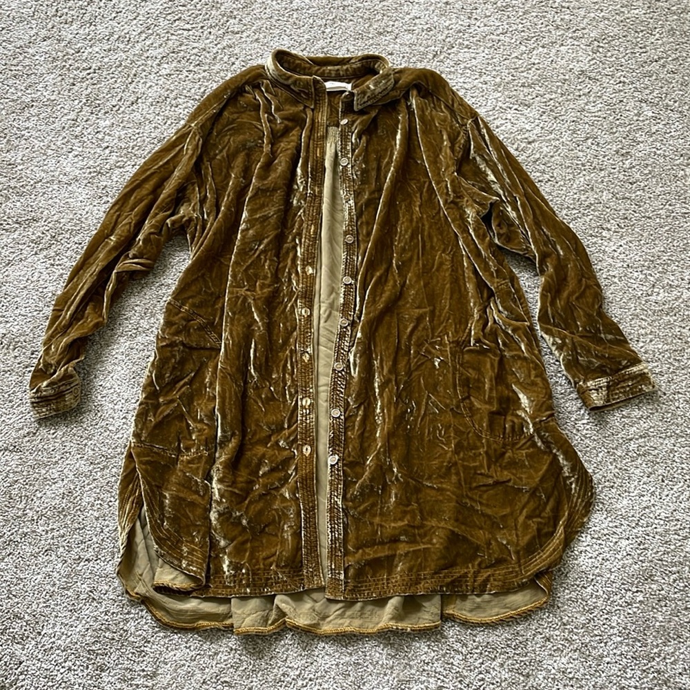 Free People Gold Velvet Button Down Shirt Dress